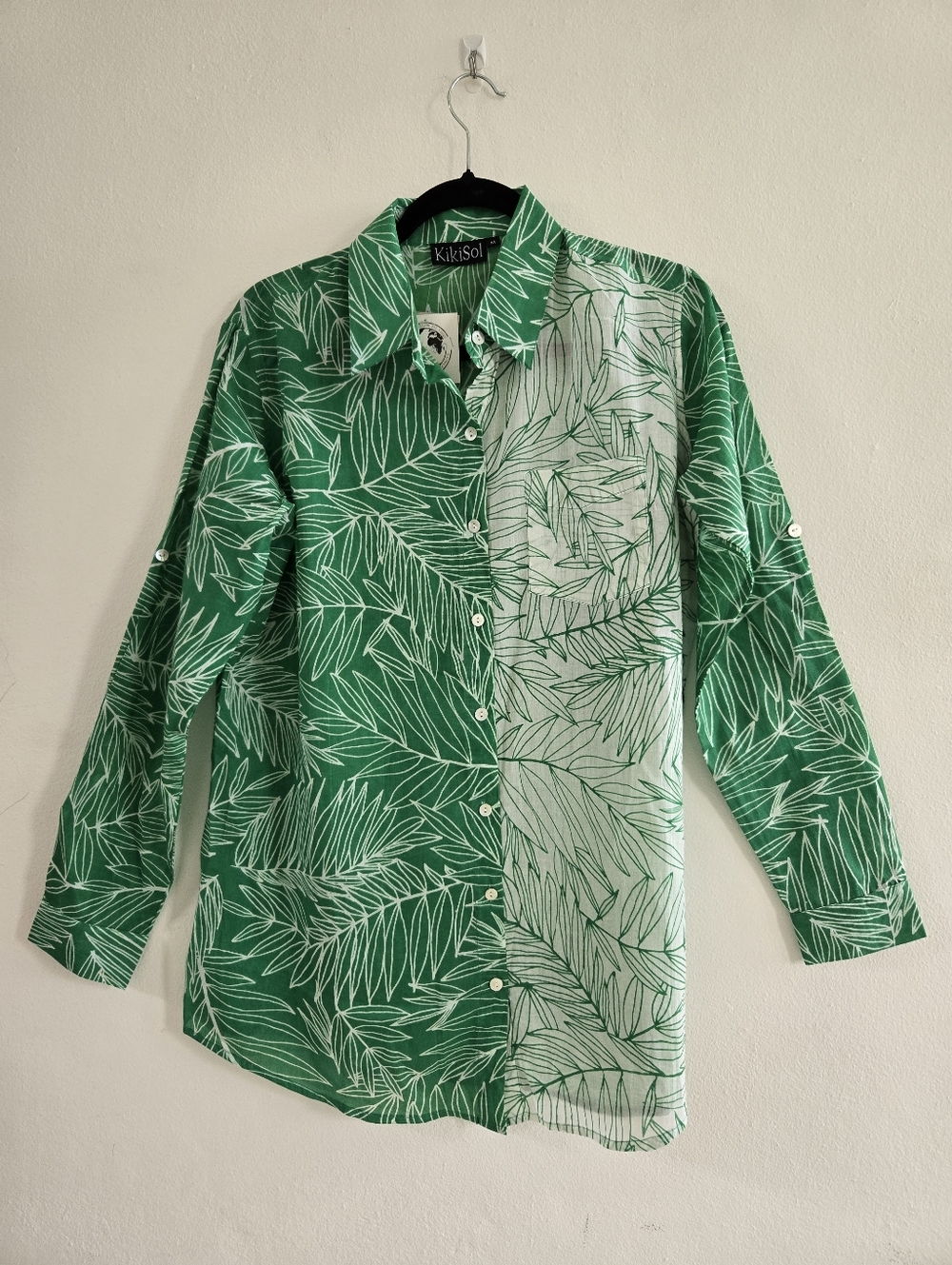 Kikisol Green Leaf Button Down Long Sleeve Tab Boyfriend Shirt M